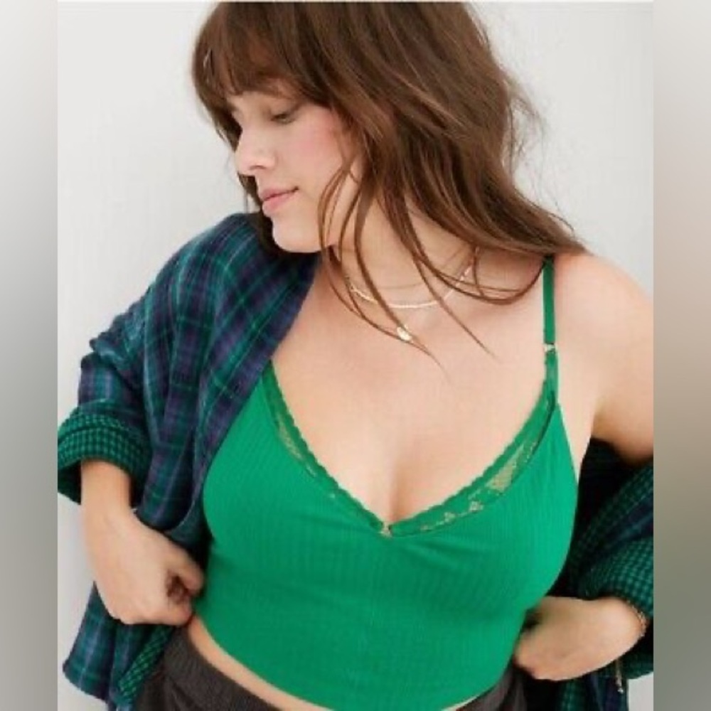 Aerie Ribbed Lace Bra Top Large Alpine Green